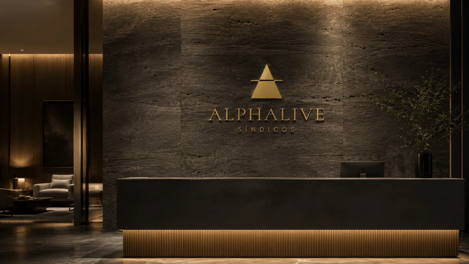 Lobby residencial premium com sinalização institucional Alphalive Síndicos em dourado